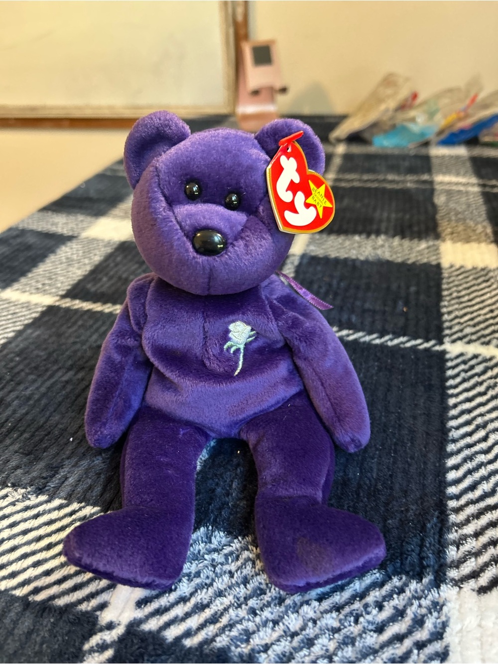 Ty Princess Diana Purple Beanie Bear with White Rose Embroidery